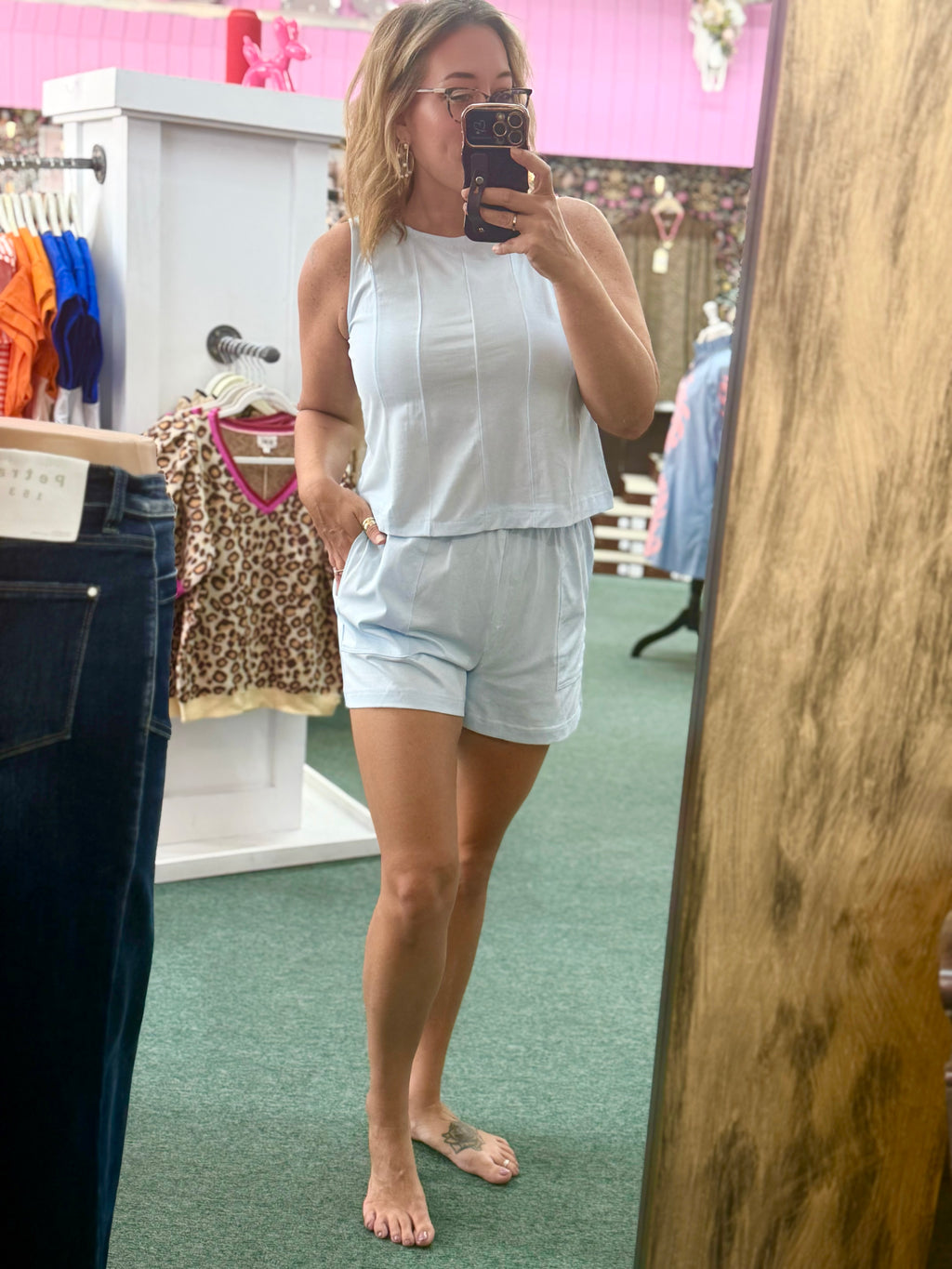 Mist Blue Stitched Detail Loose Tank Top 2pcs Short Set (S-XL)