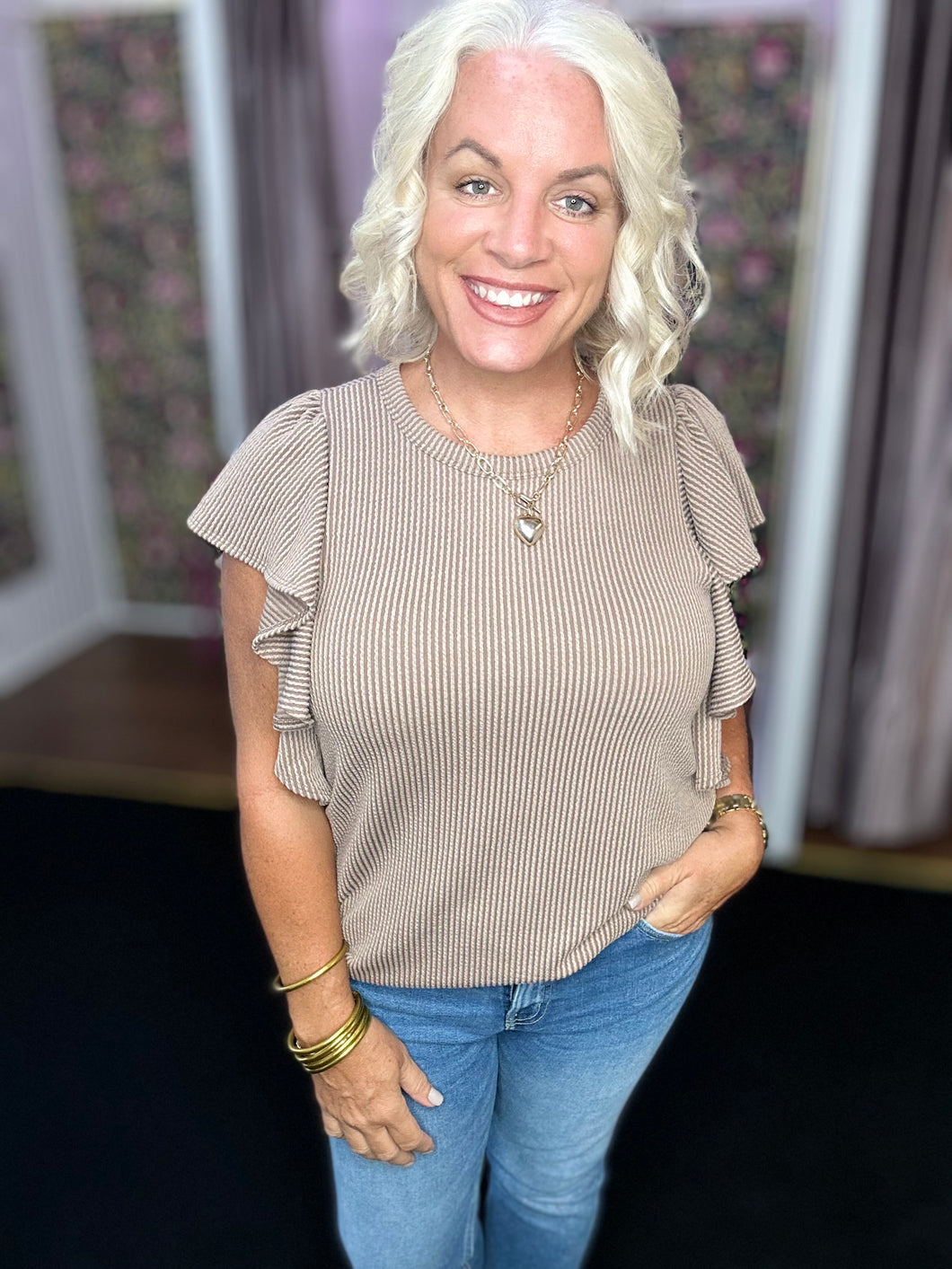 COCOA Ruffled Sleeve Solid Urban Ribbed Top