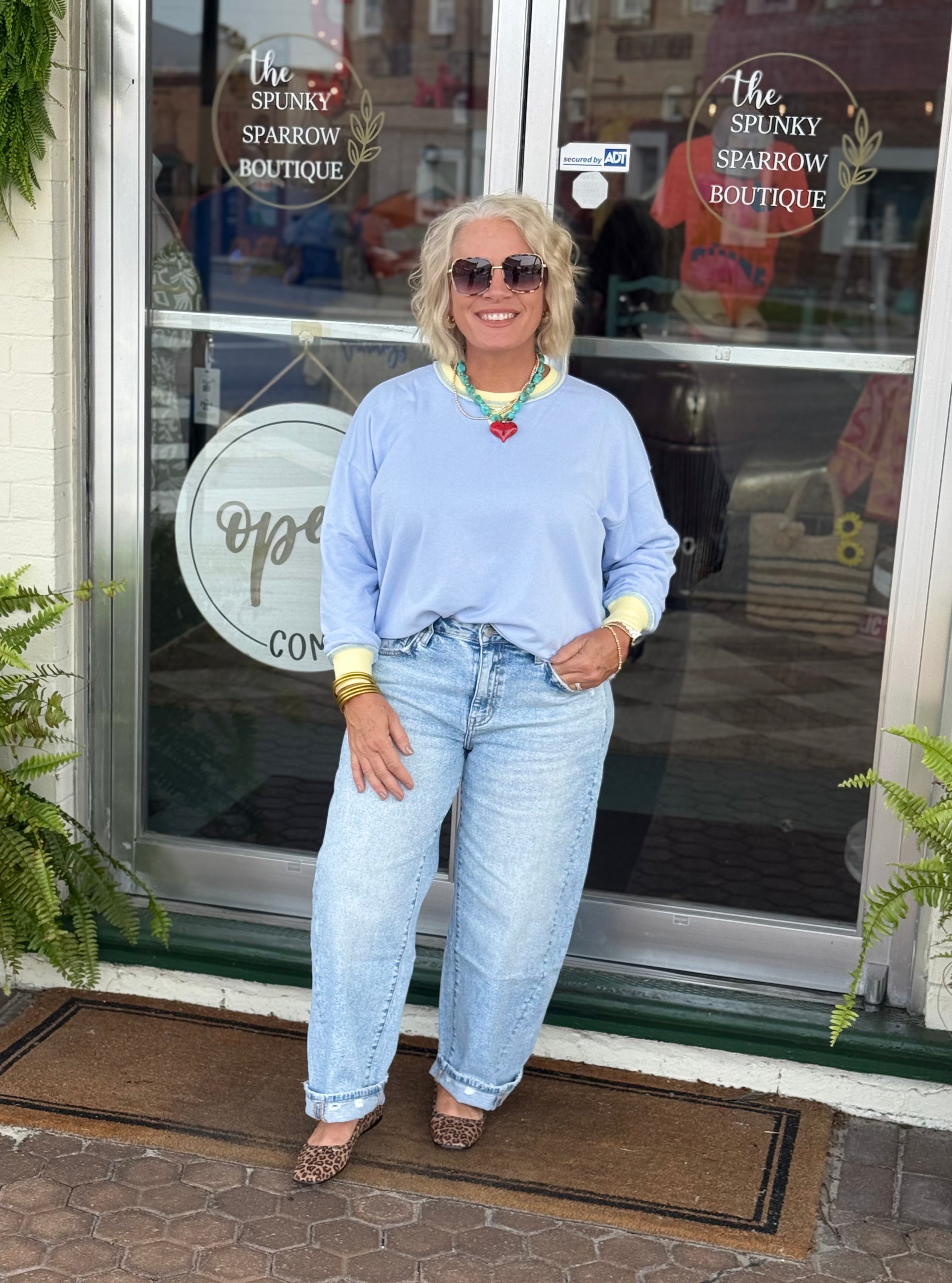 Sky Blue Contrast Long Sleeve Pullover Top