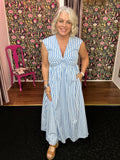 Blue Gingham Twist Front V Neckline Maxi Dress