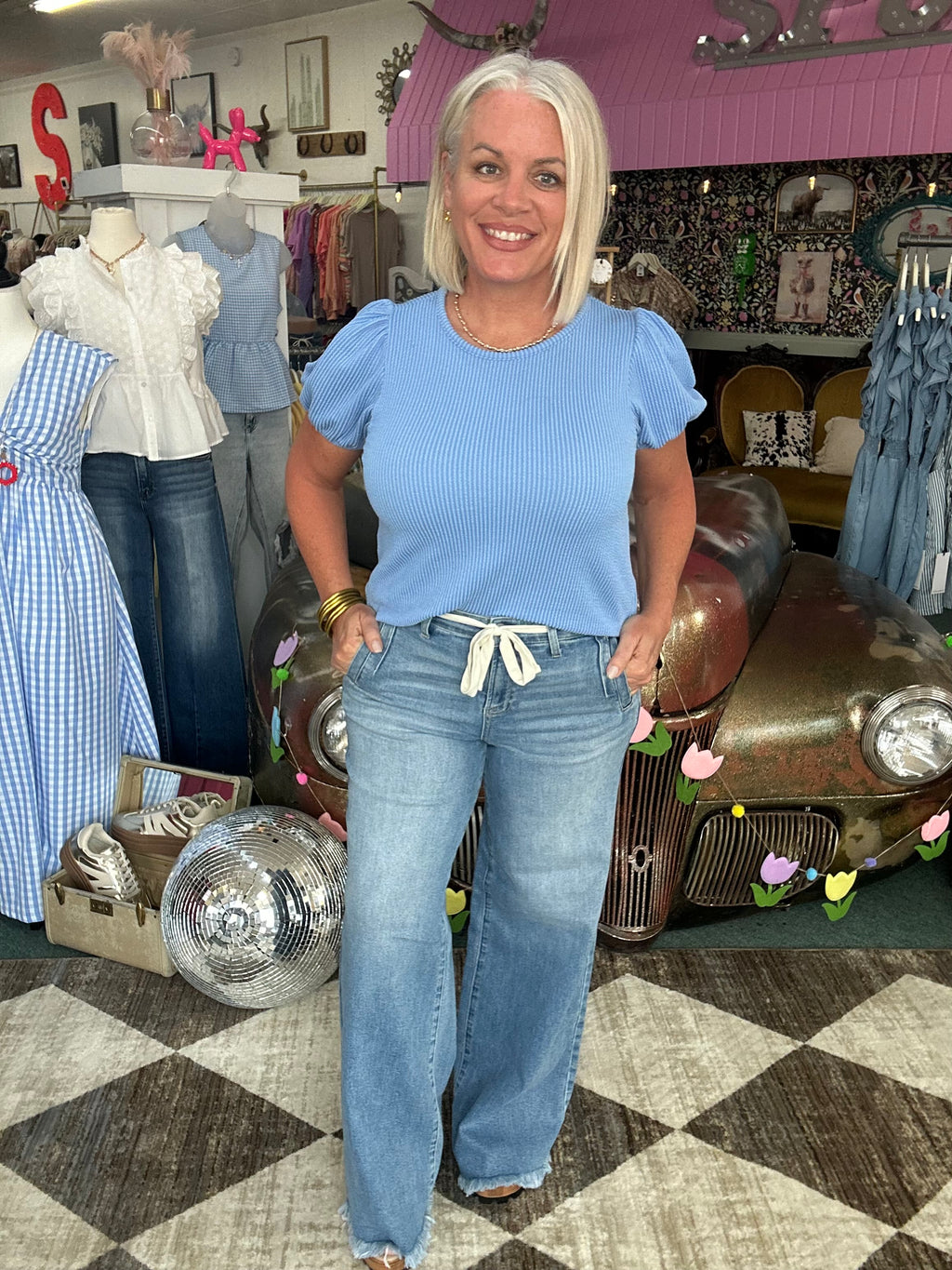 Cornflower Blue Ribbed Puff Sleeve Top