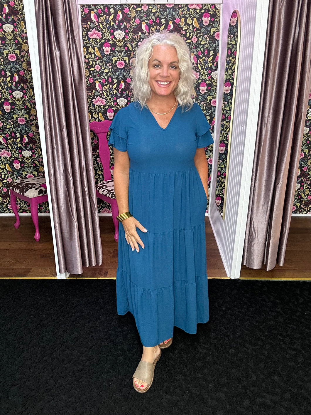 Dark Teal Solid Tiered Midi Dress
