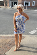 White and Blue Tropical Amory Halter Mini Dress