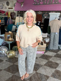 Oatmeal and Aqua Short Sleeve Sweater Contrast Blanket Stitch