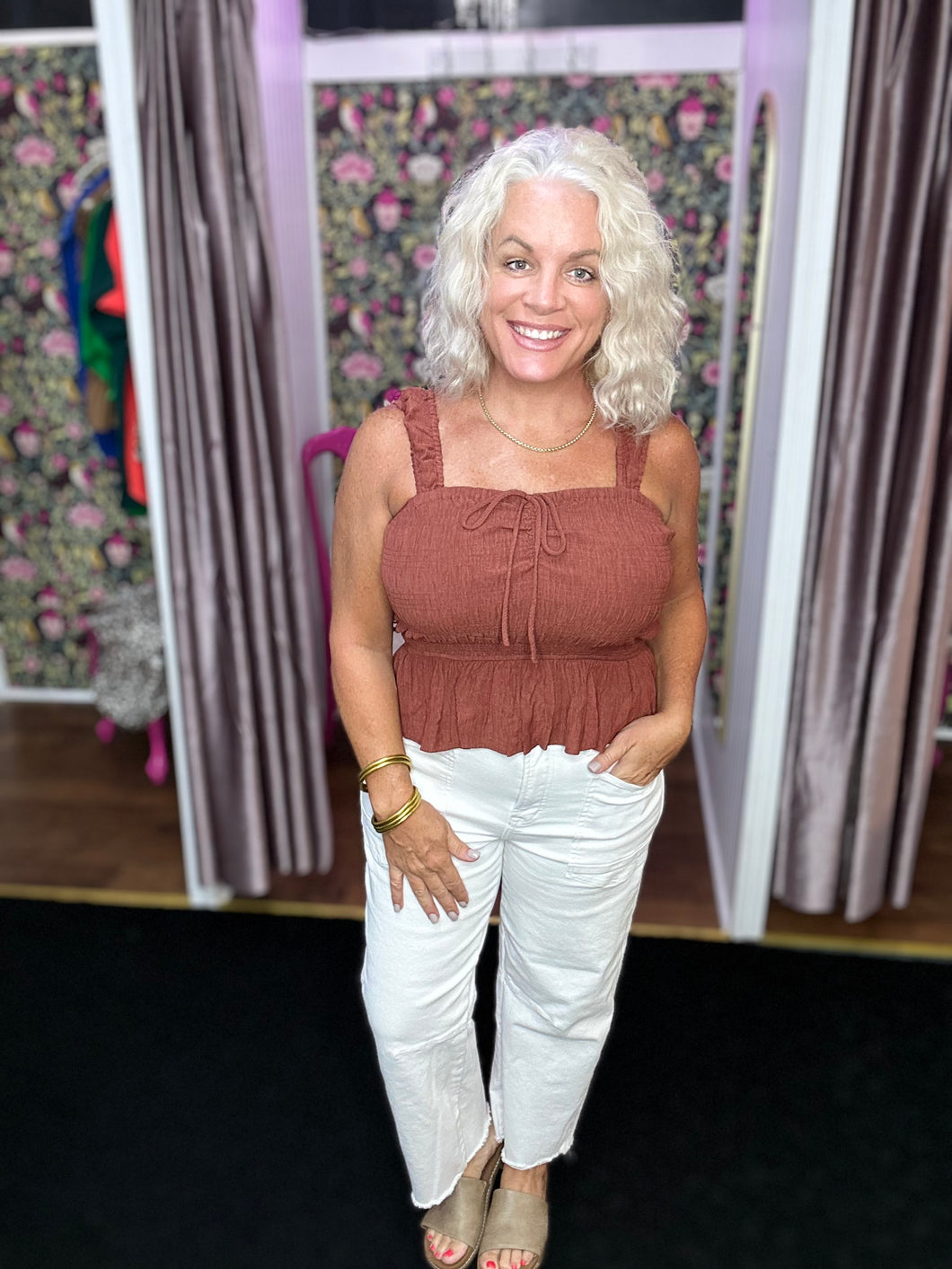 CINNAMON SWEETHEART SMOCKED PEPLUM TOP