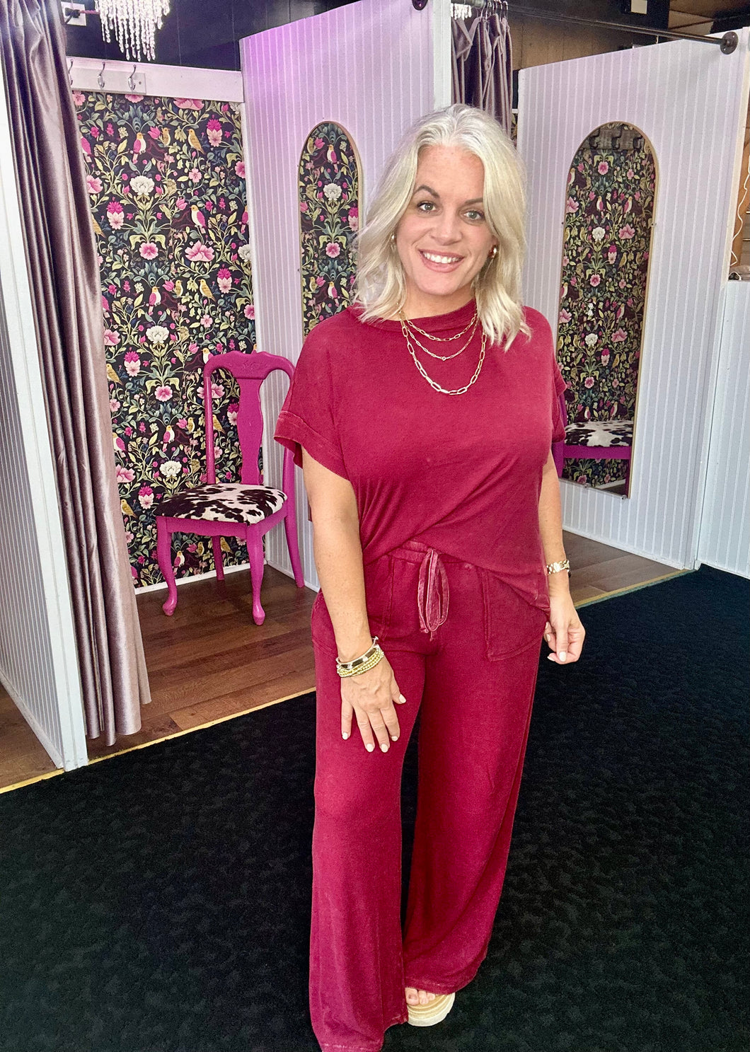 Acid Wash maroon Top & Pants 2PC Set