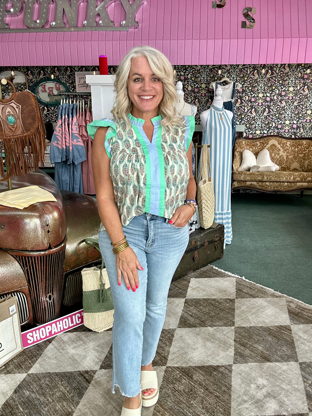 Mint Contrast Striped Floral Print Ruffle Sleeve Top