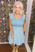 Load image into Gallery viewer, Smocked Detail Ruffled Sleeveless chambray denim Dress
