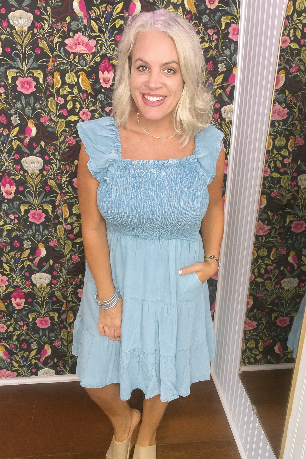 Smocked Detail Ruffled Sleeveless chambray denim Dress