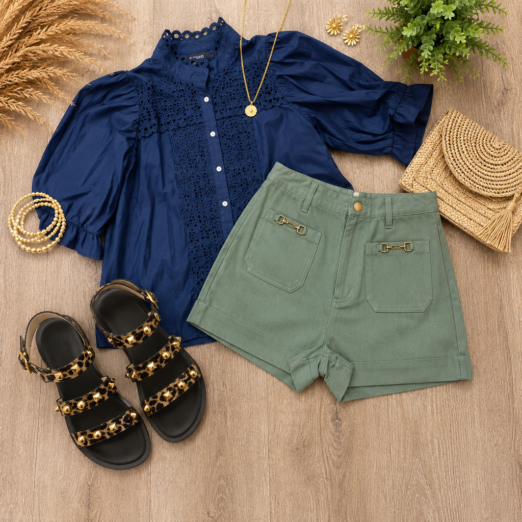 Navy Trim Detail Button Down Blouse