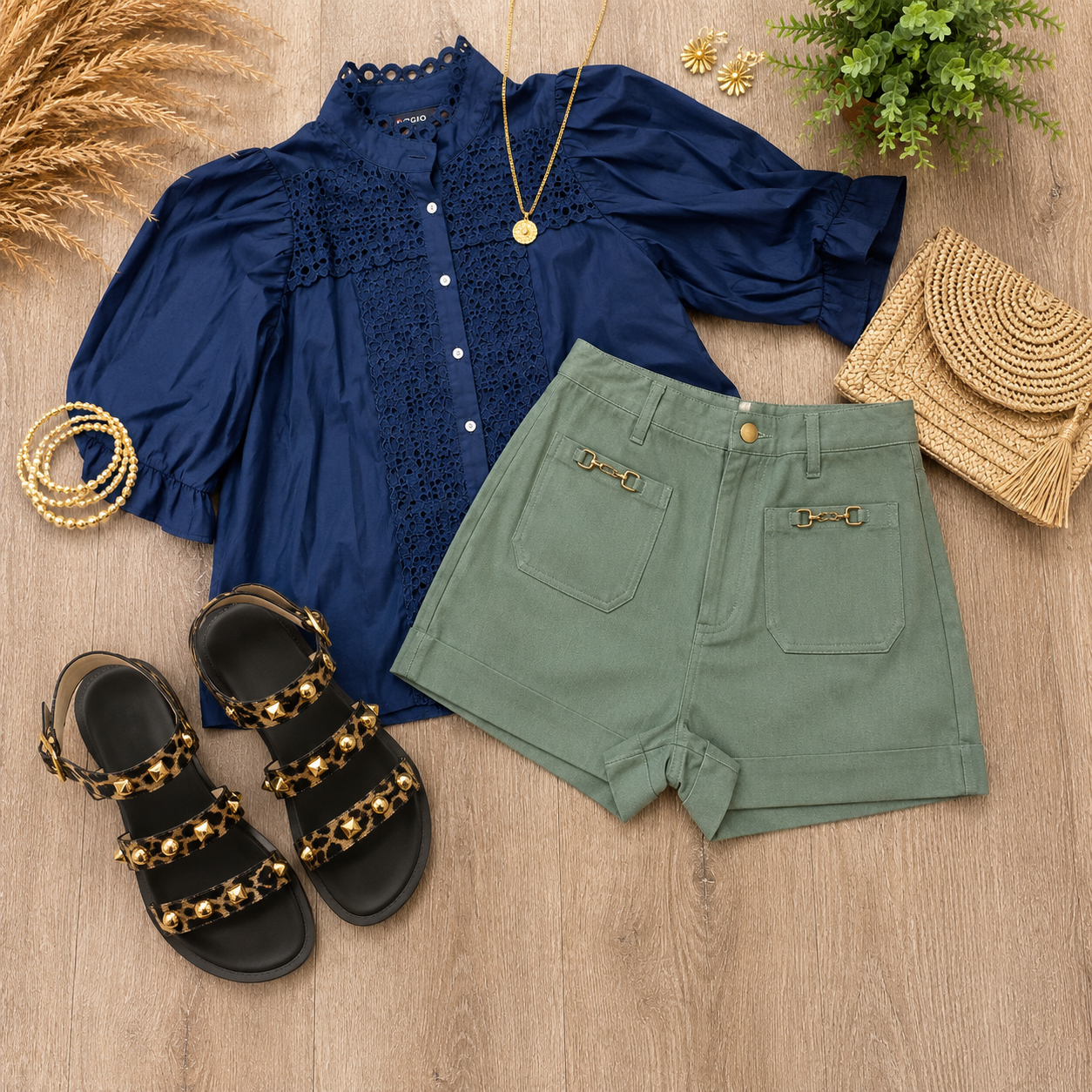 Navy Trim Detail Button Down Blouse