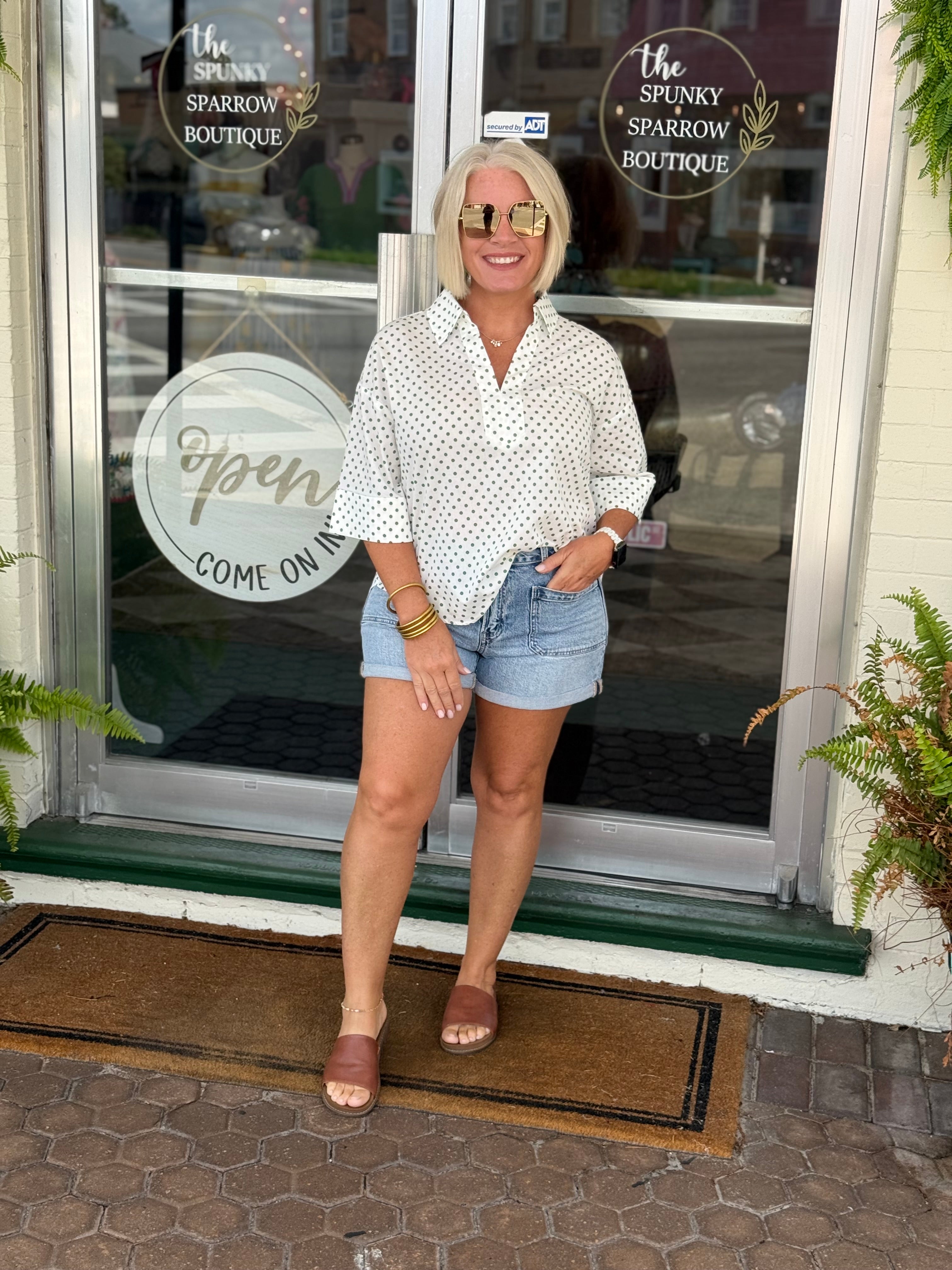 Green Polka Dot Cuff Sleeve Top