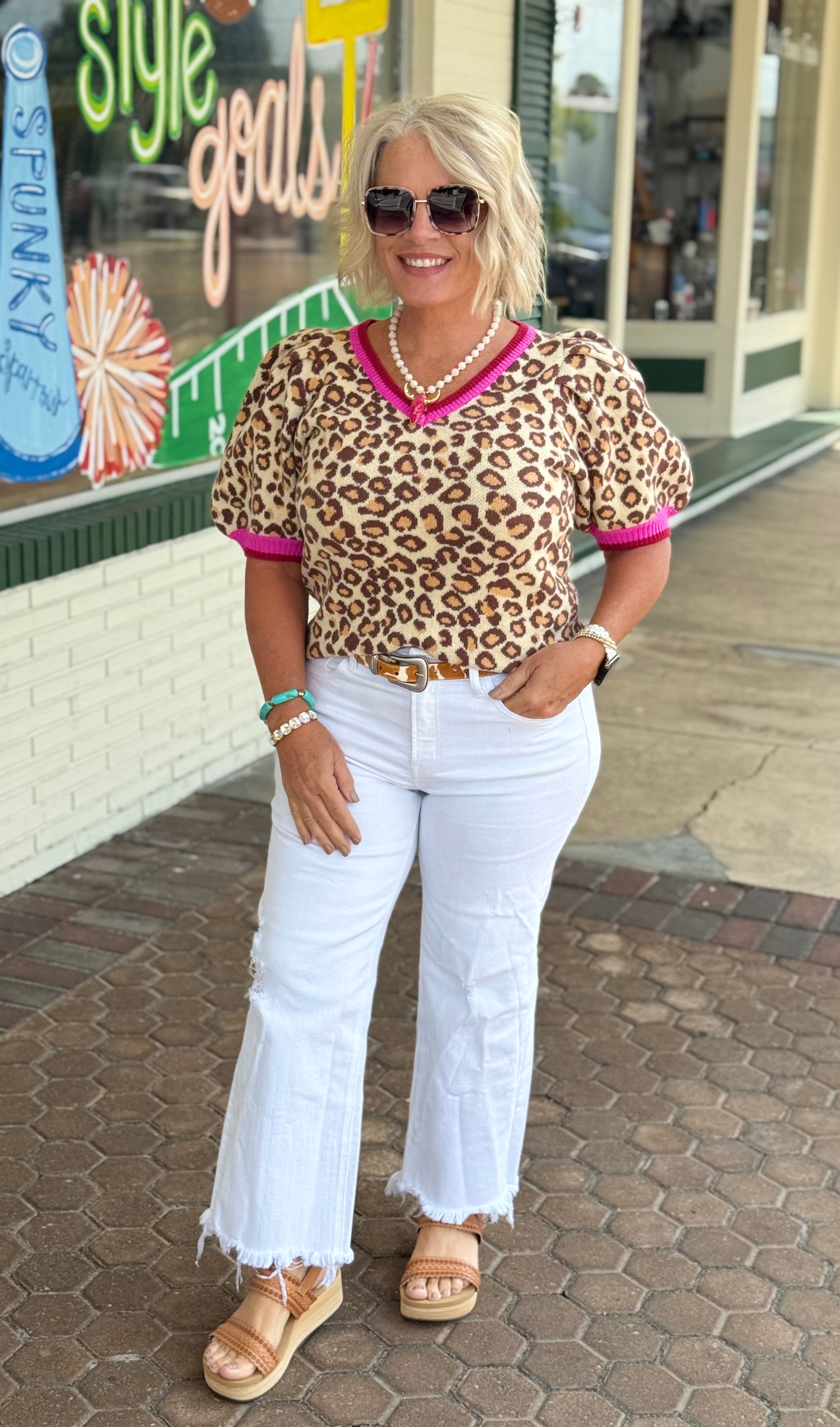Leopard Pattern Puff Sleeve V-neck Sweater Top