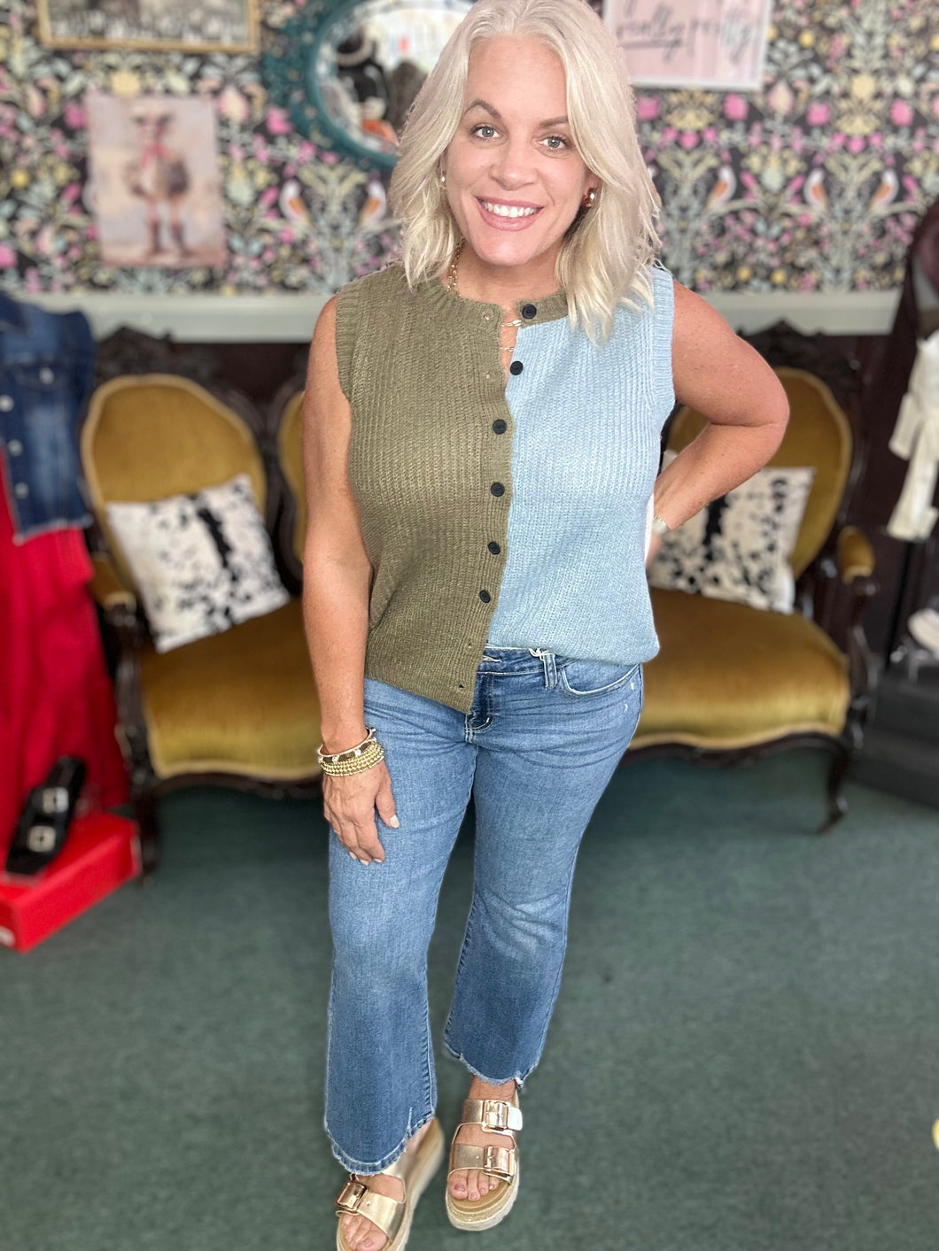Olive and Blue Color Block Button Down Sweater Vest