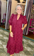 Floral Eyelet Embroidery Puff 3/4" Sleeve Midi Dress in Burgundy