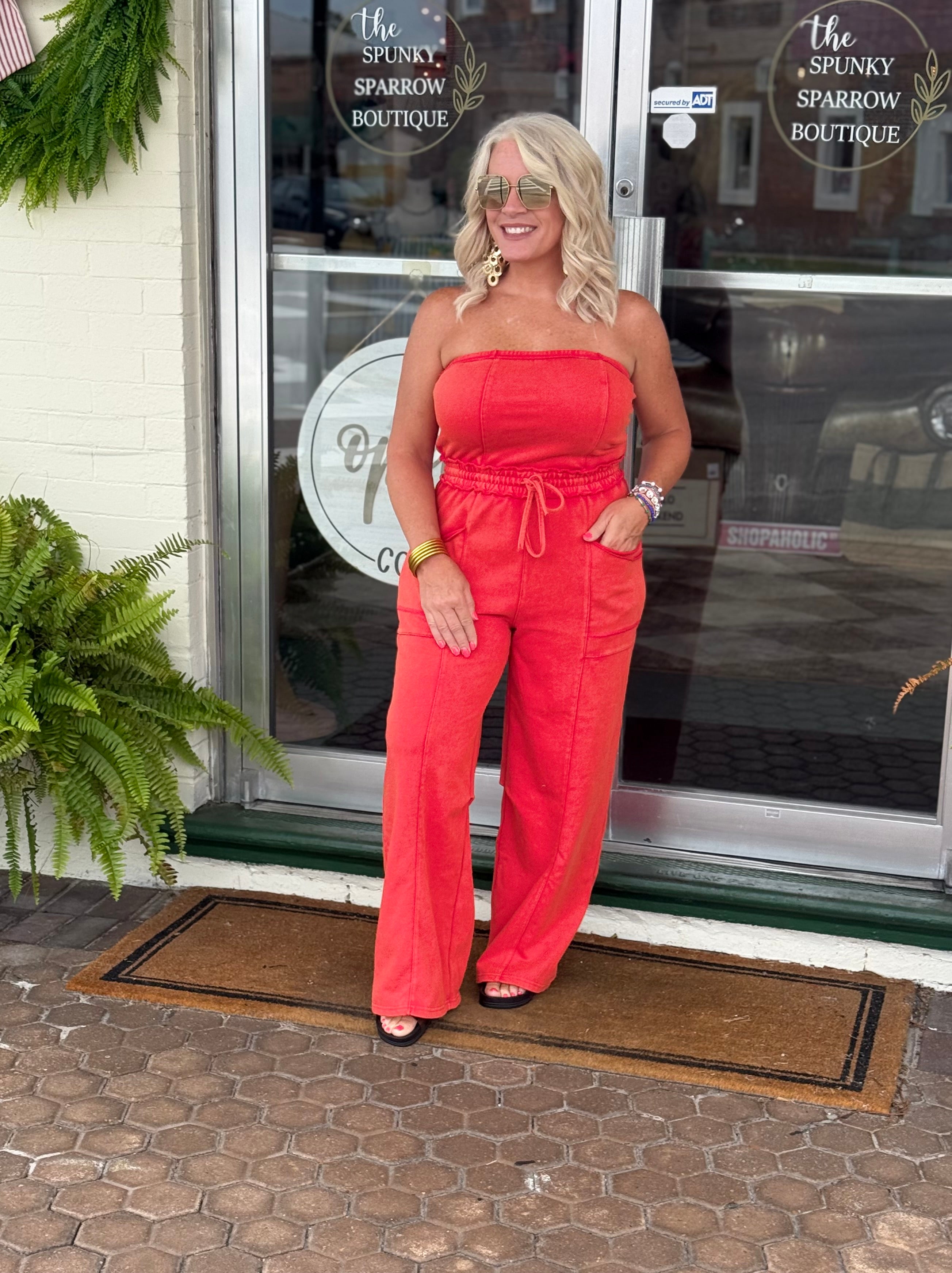 Washed Ruby Red Luxe Strapless Jumpsuit