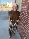 Brown Drawstring Waist Polka Dot Barrel Pants