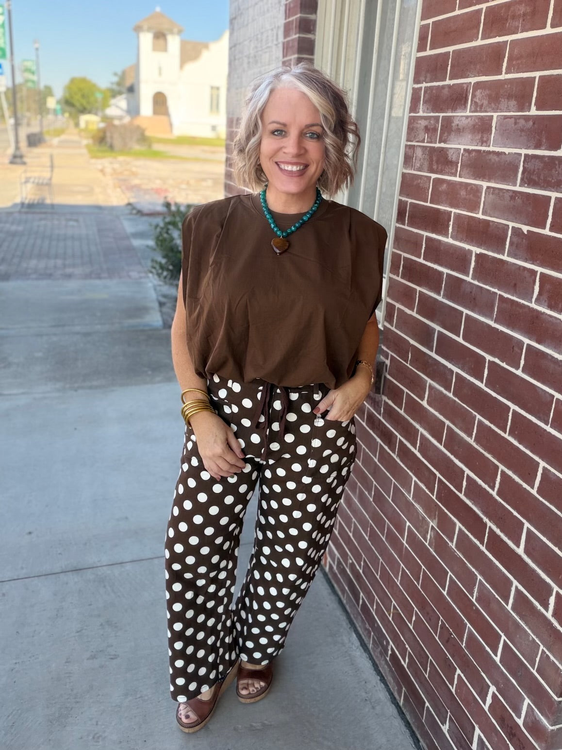Brown Drawstring Waist Polka Dot Barrel Pants