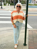 Light Orange Split Neck Sleeveless Stripe Sweater