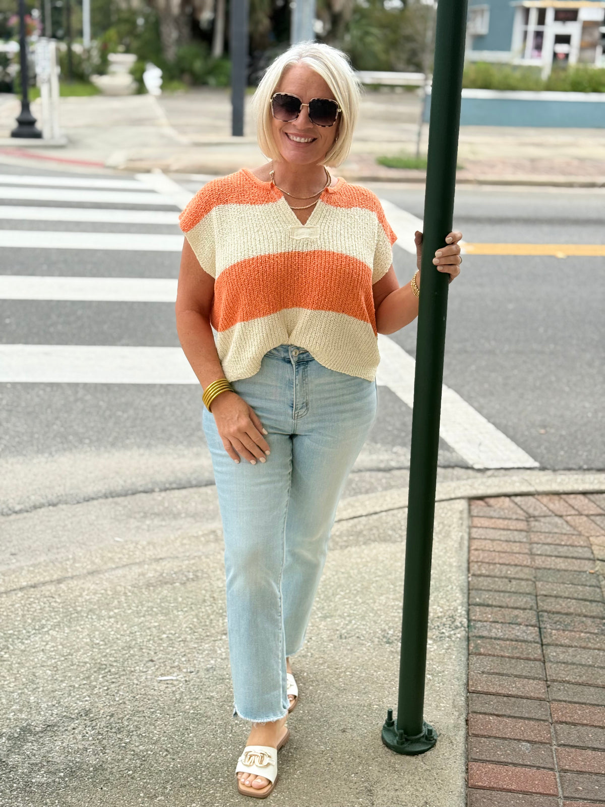 Light Orange Split Neck Sleeveless Stripe Sweater