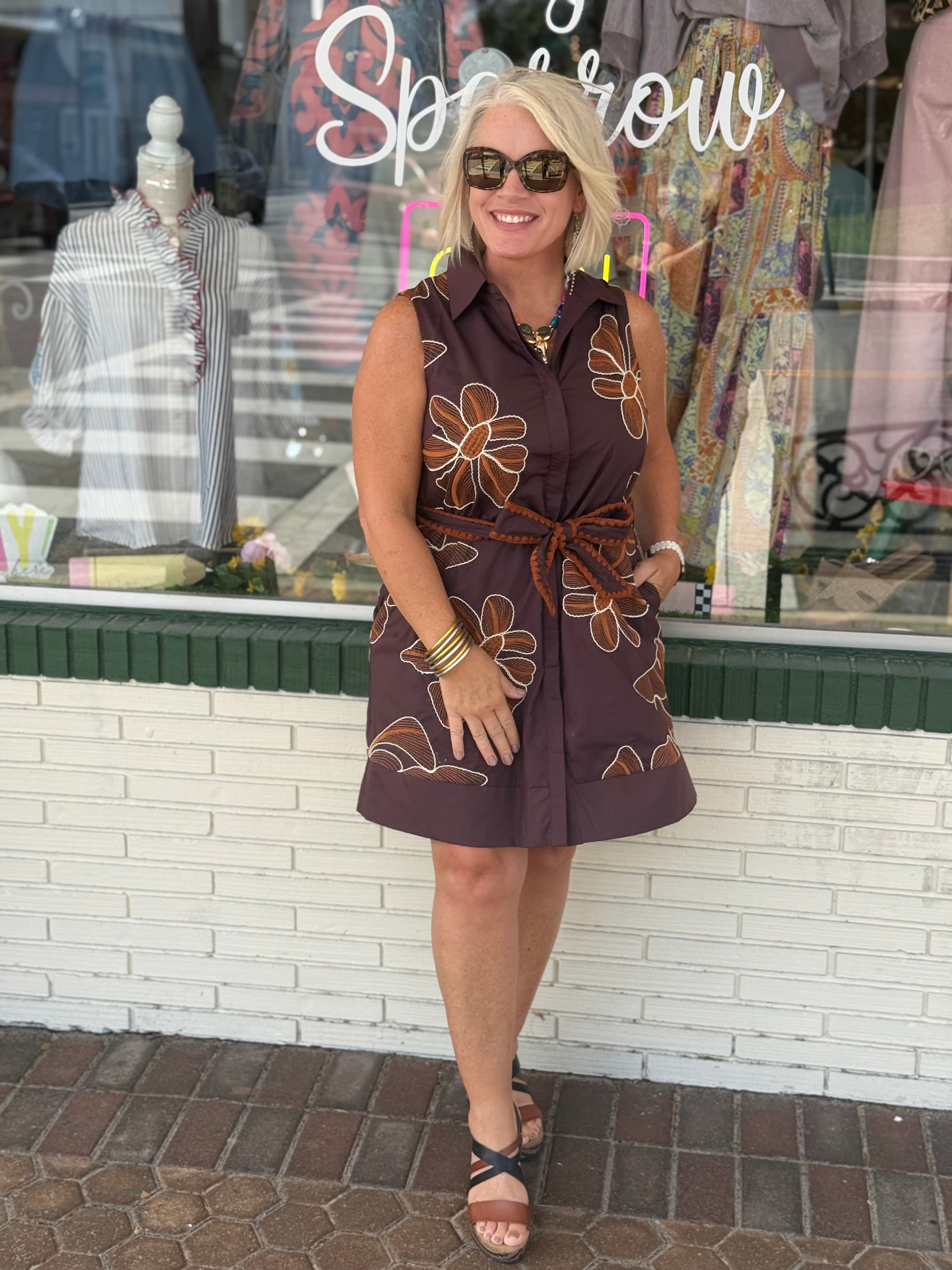 Brown Floral Embroidered Sleeveless Mini Dress