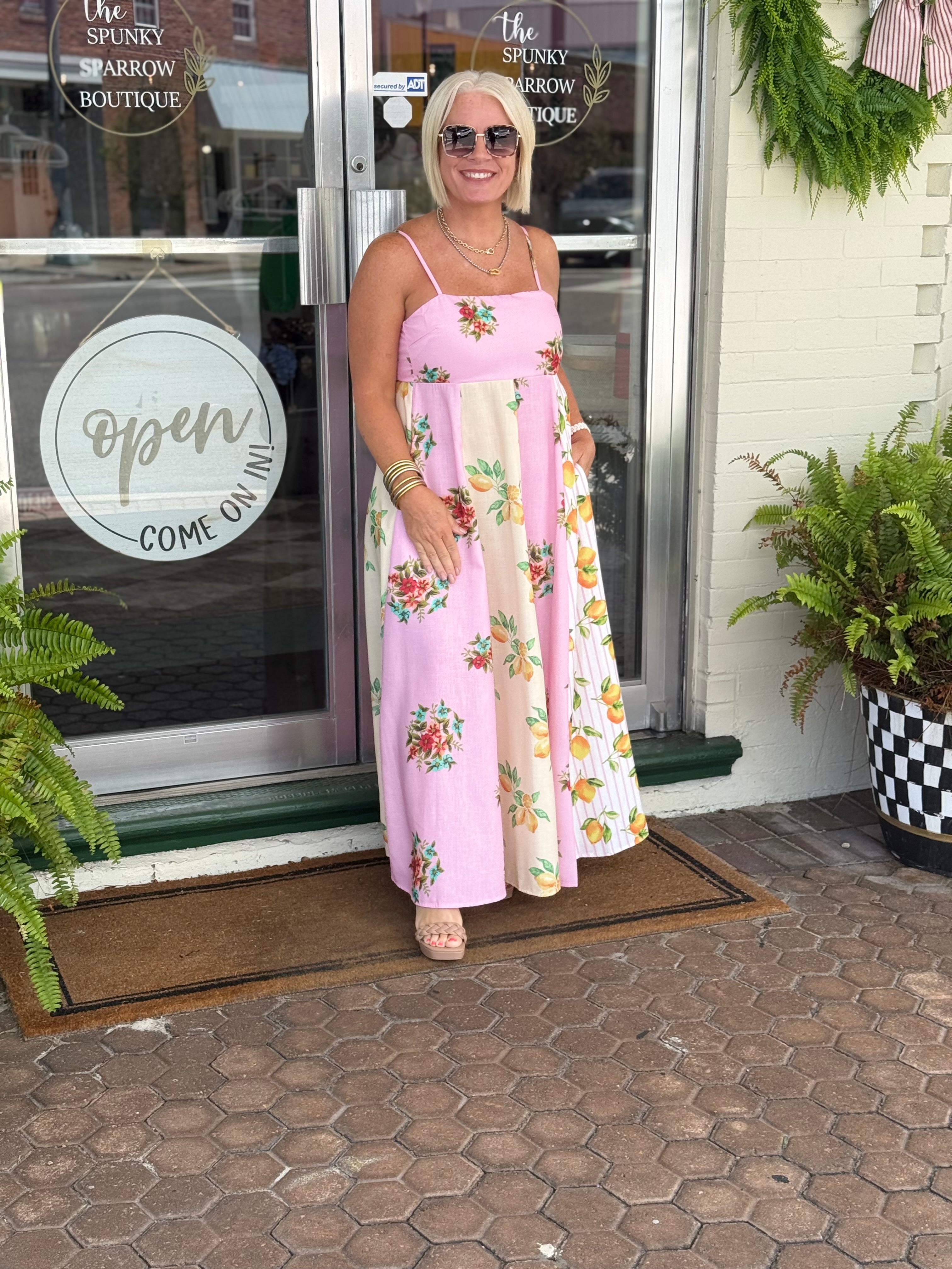 Yellow and Pink Multi Pattern Midi Dress