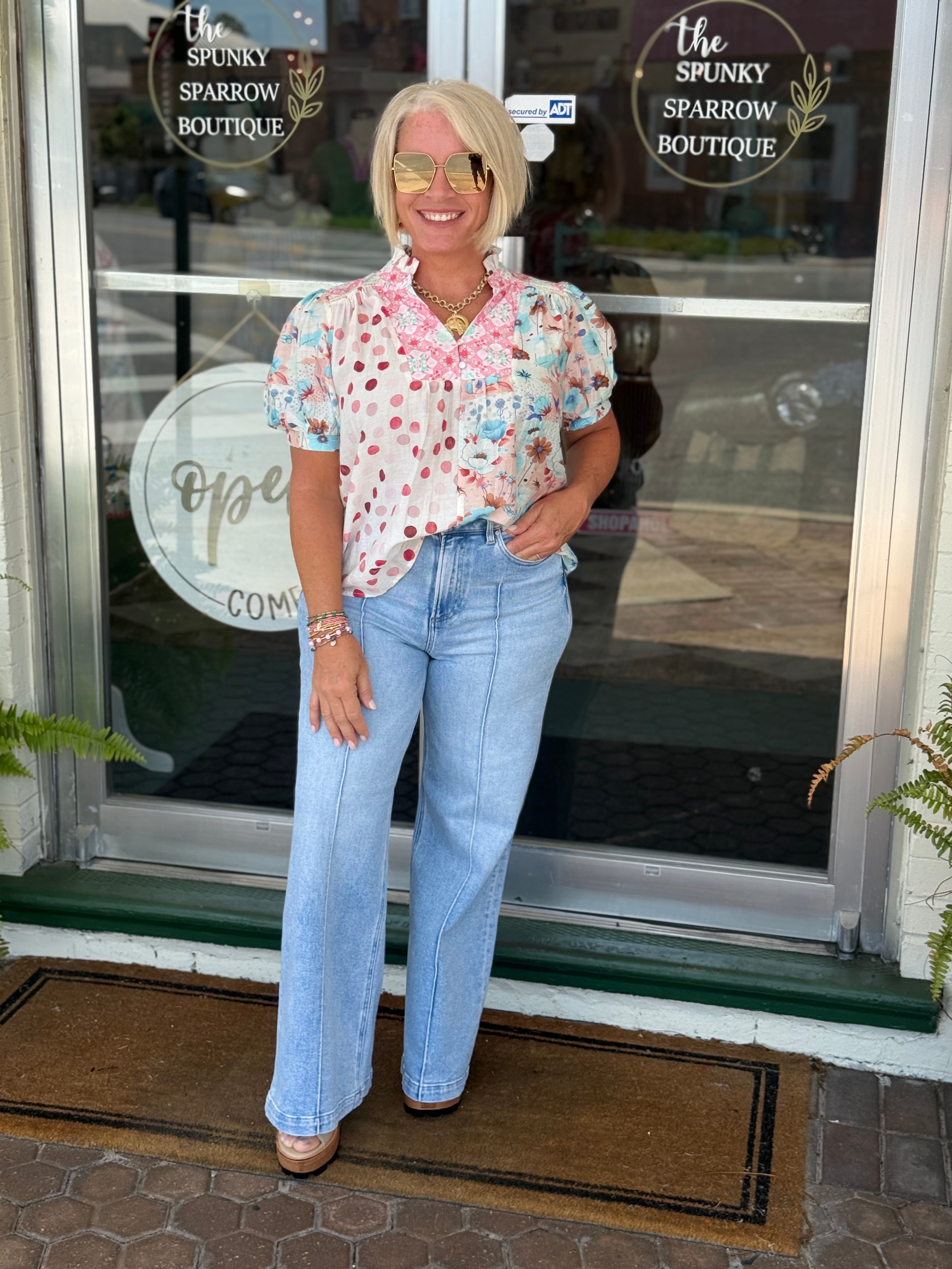 Coral Mixed Print Half Button Blouse