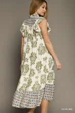 Load image into Gallery viewer, Mixed Print Midi Dress with Contrast Binding IN OLIVE
