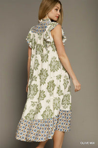 Mixed Print Midi Dress with Contrast Binding IN OLIVE