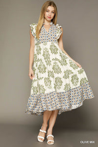 Mixed Print Midi Dress with Contrast Binding IN OLIVE