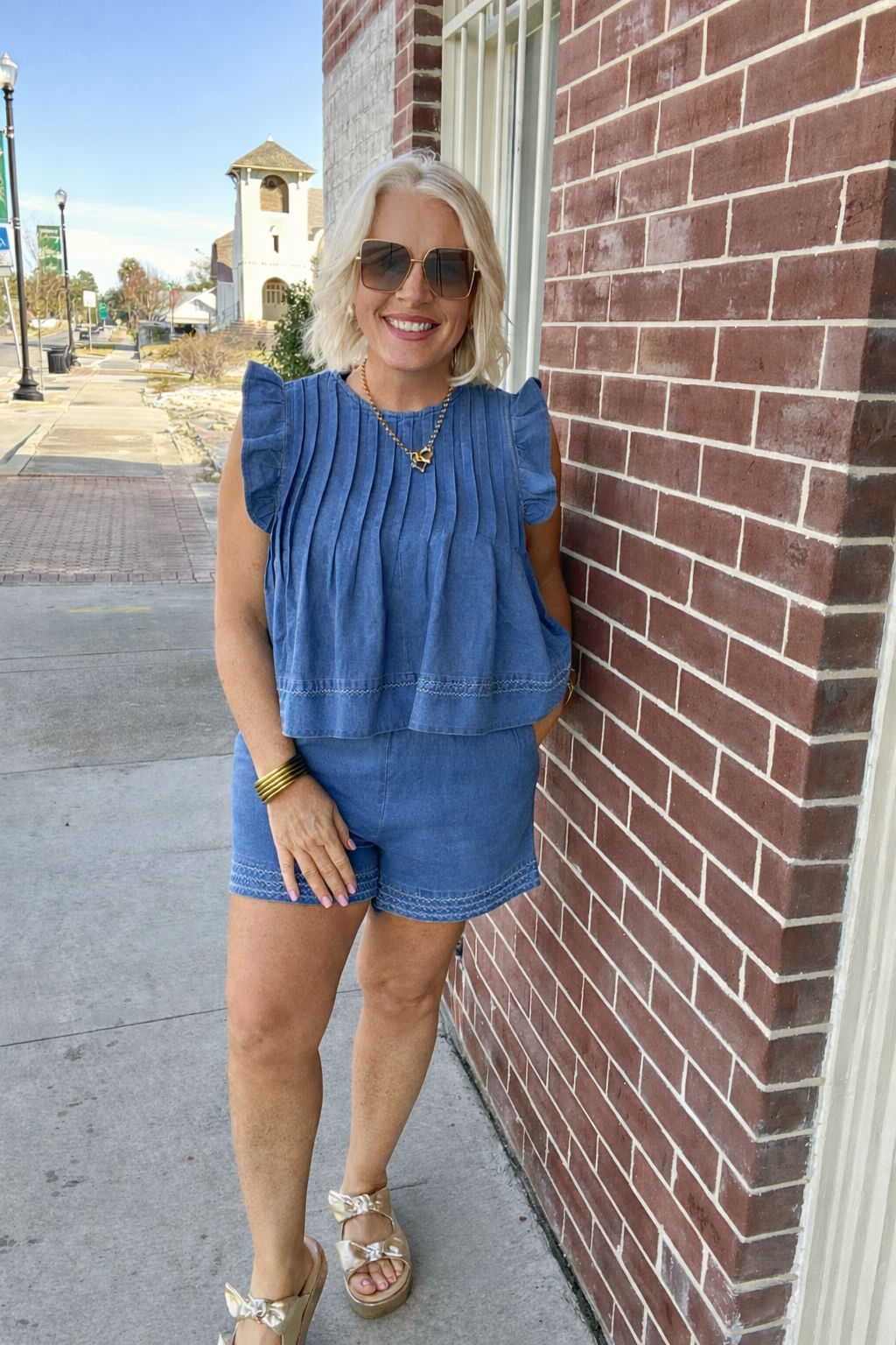 Denim Ruffle Sleeve Short Set