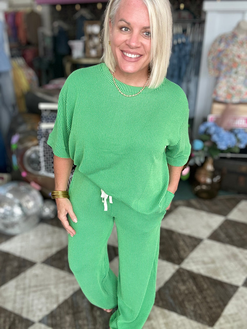 Kelly Green Raised Rib Short Sleeve Tee & Pants Set