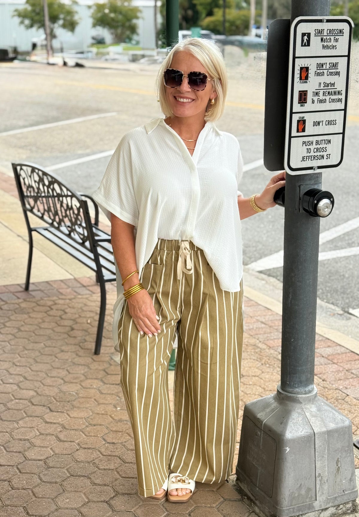 Taupe Drawstring Stripe Wide Pocket Pants
