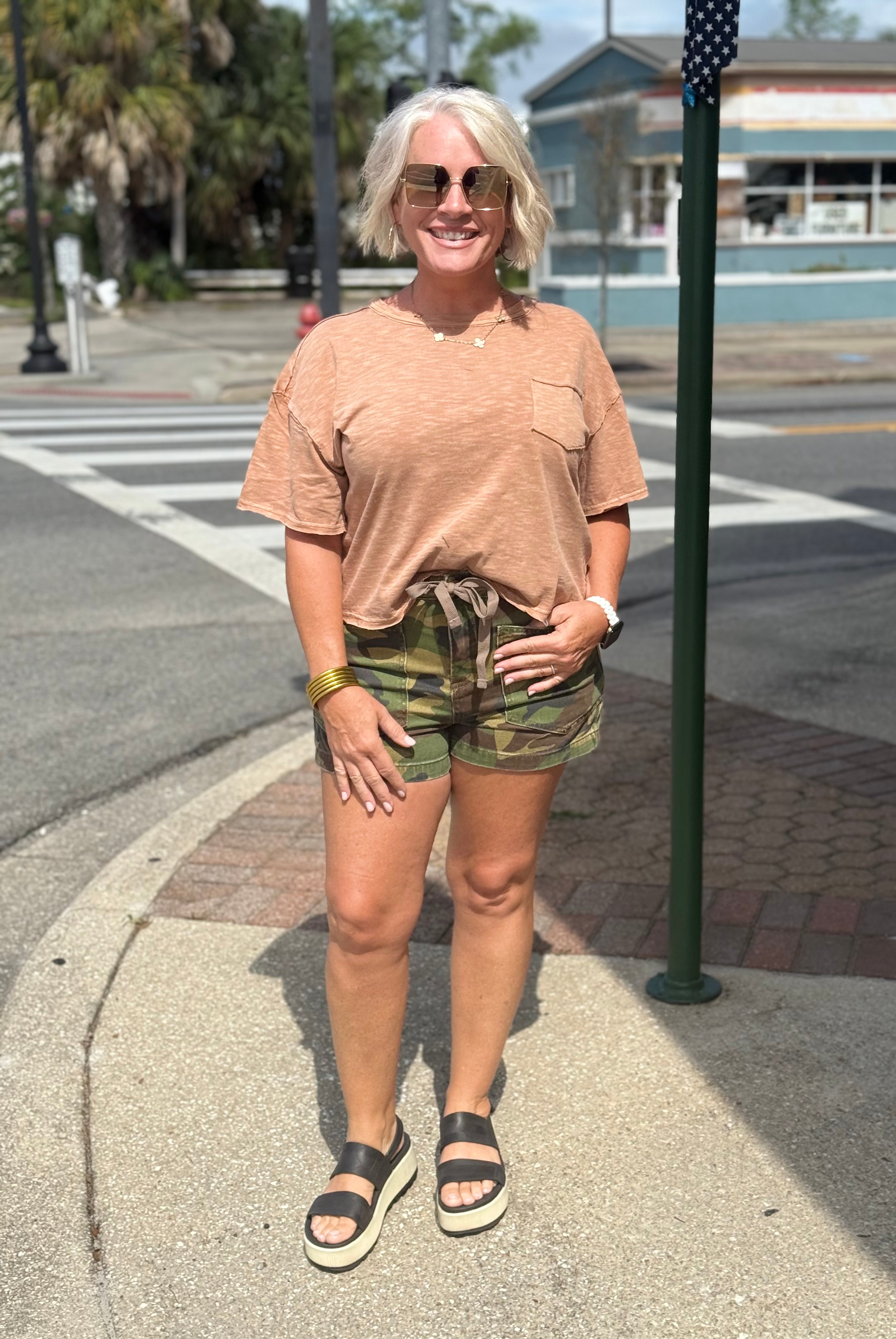 Risen  Camo Print Patch Pocket Shorts