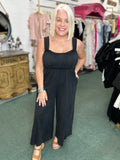Ash Black Solid Gathered Sleeveless Jumpsuit