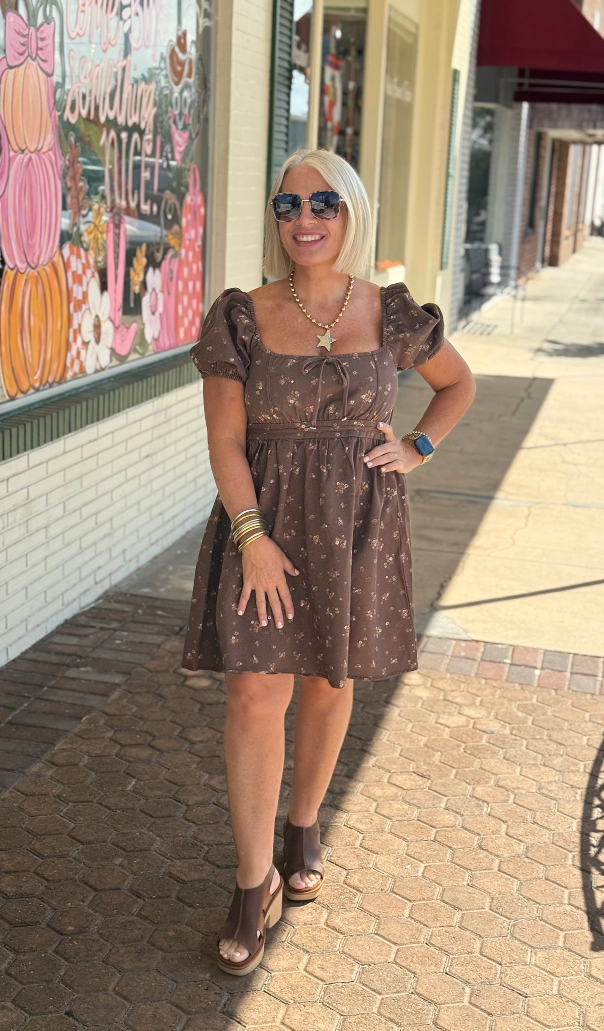 Brown Multi Ditsy Floral Puff Sleeve Square Neck Mini Dress