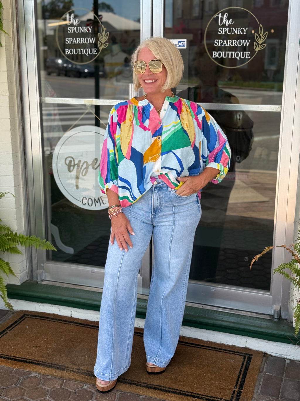 Bright Abstract Loose Fit Button Down Blouse