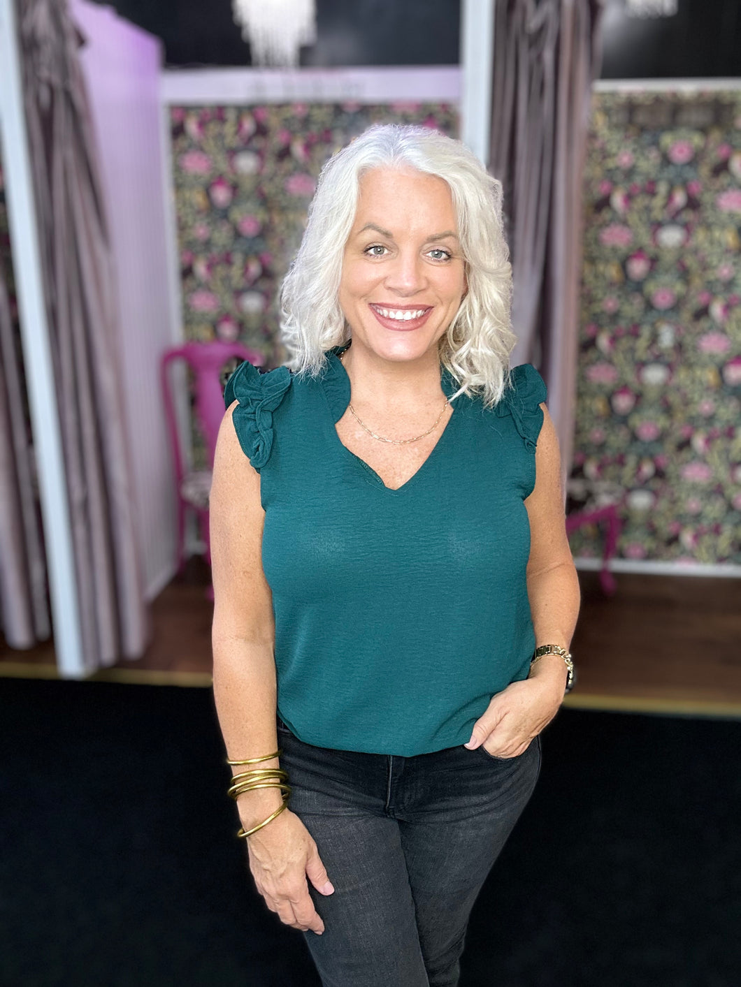 HUNTER GREEN Top V Neck with Ruffled Details