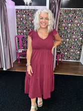 Load image into Gallery viewer, Flutter sleeve smocked dress in burgundy
