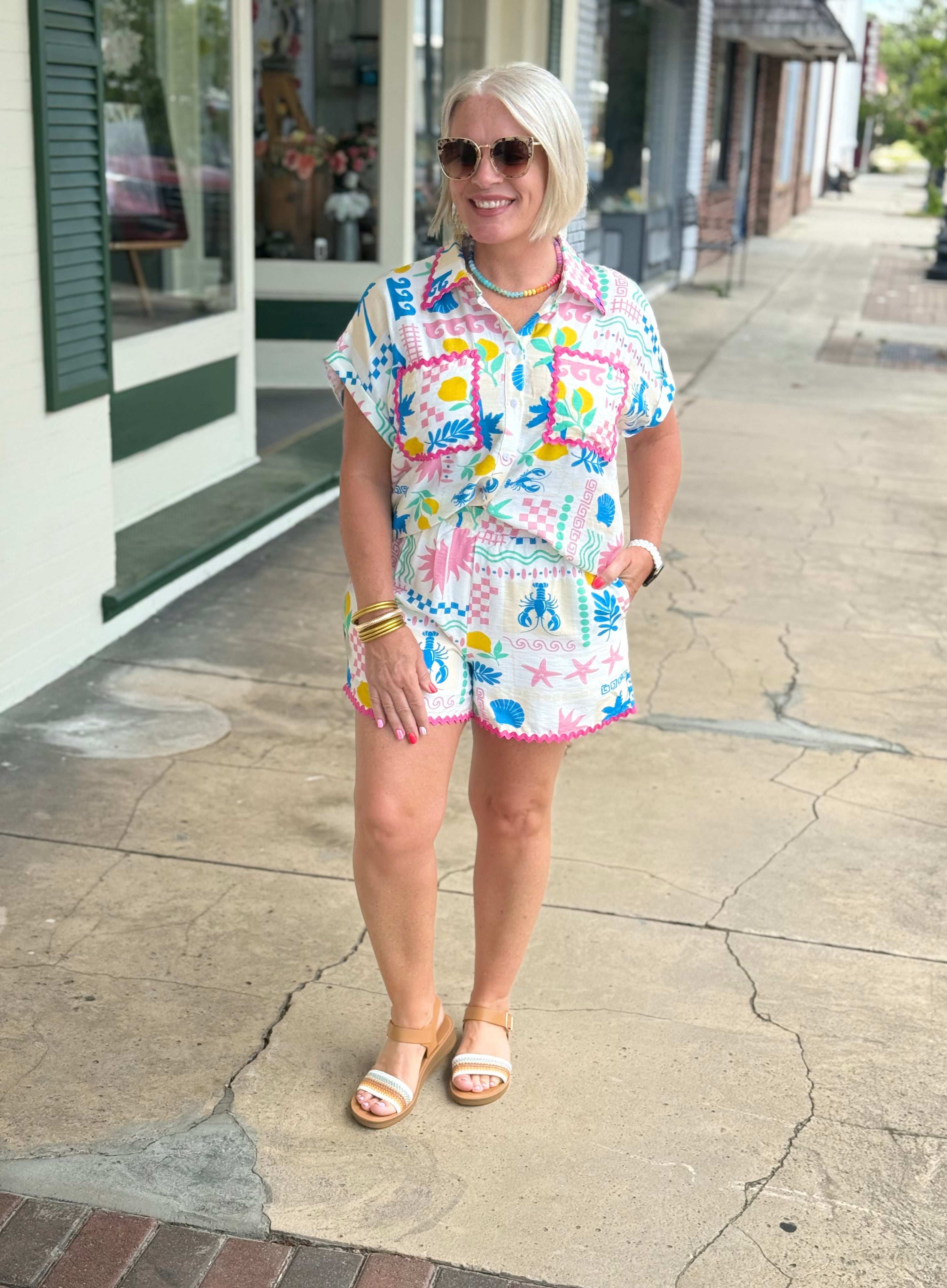 Multi Printed Button Down Collared Top and Matching Shorts