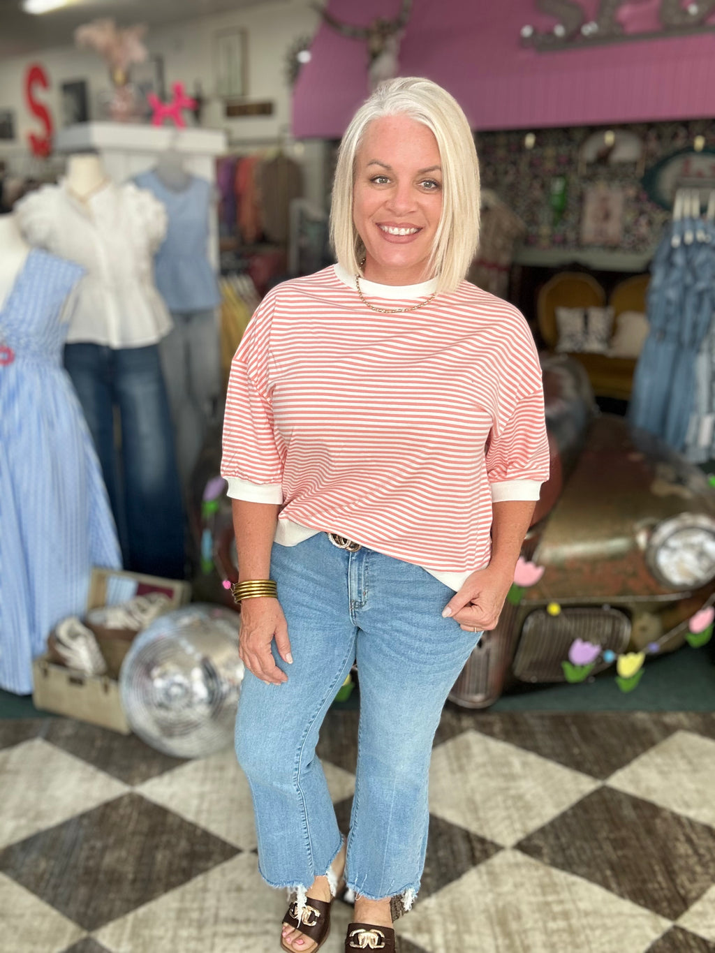 Coral Striped Contrast Trim Banded Bottom Top