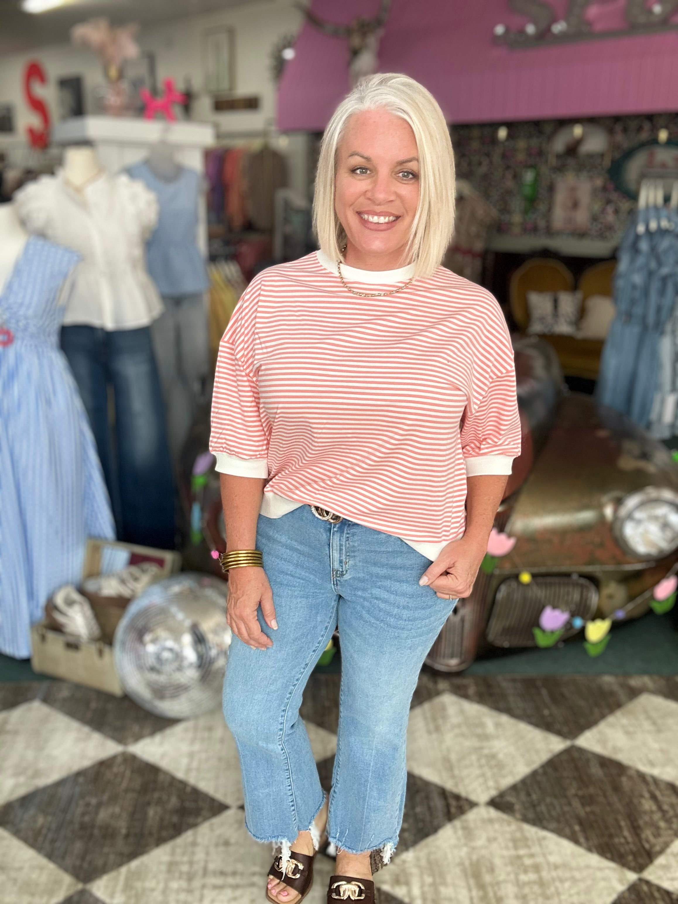 Coral Striped Contrast Trim Banded Bottom Top