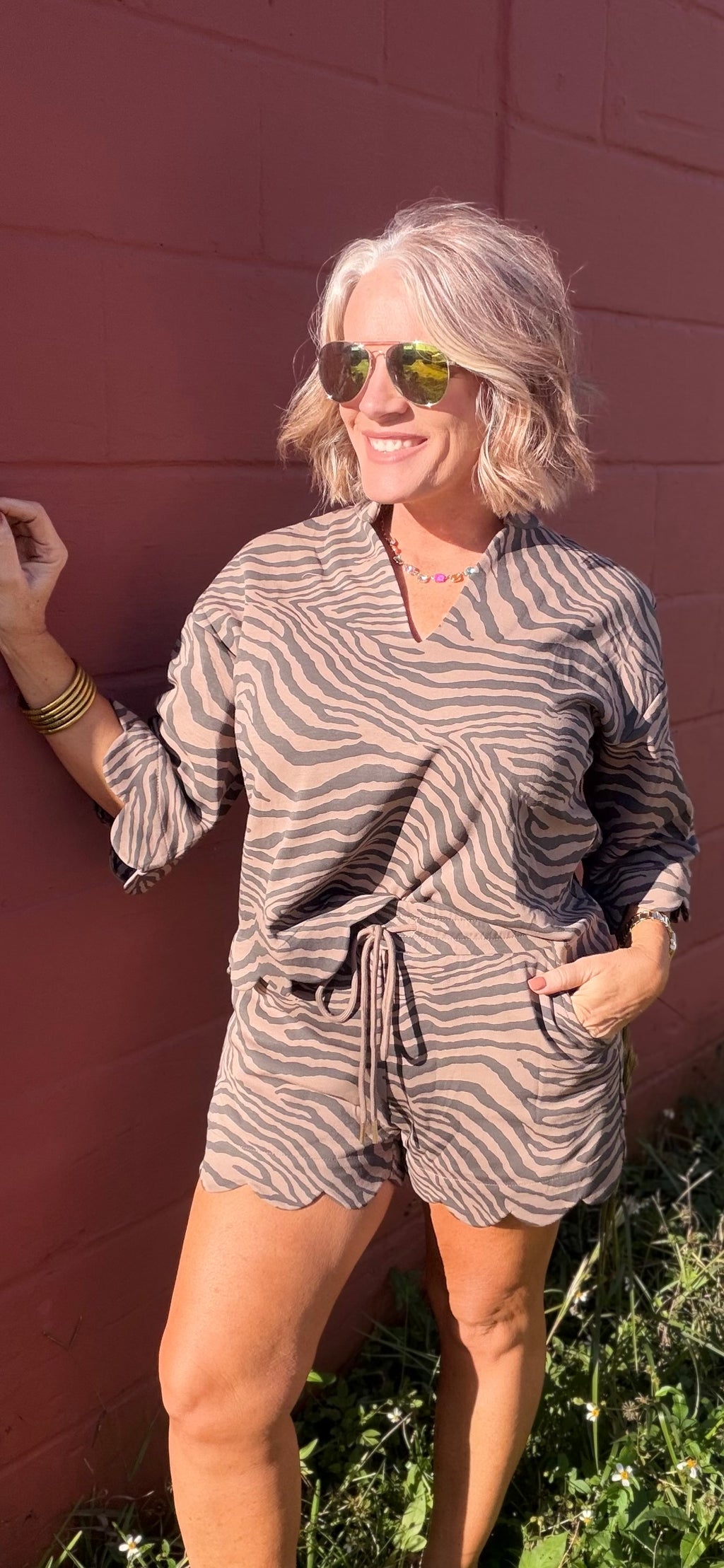 Mocha Zebra Print Scalloped Shorts Set