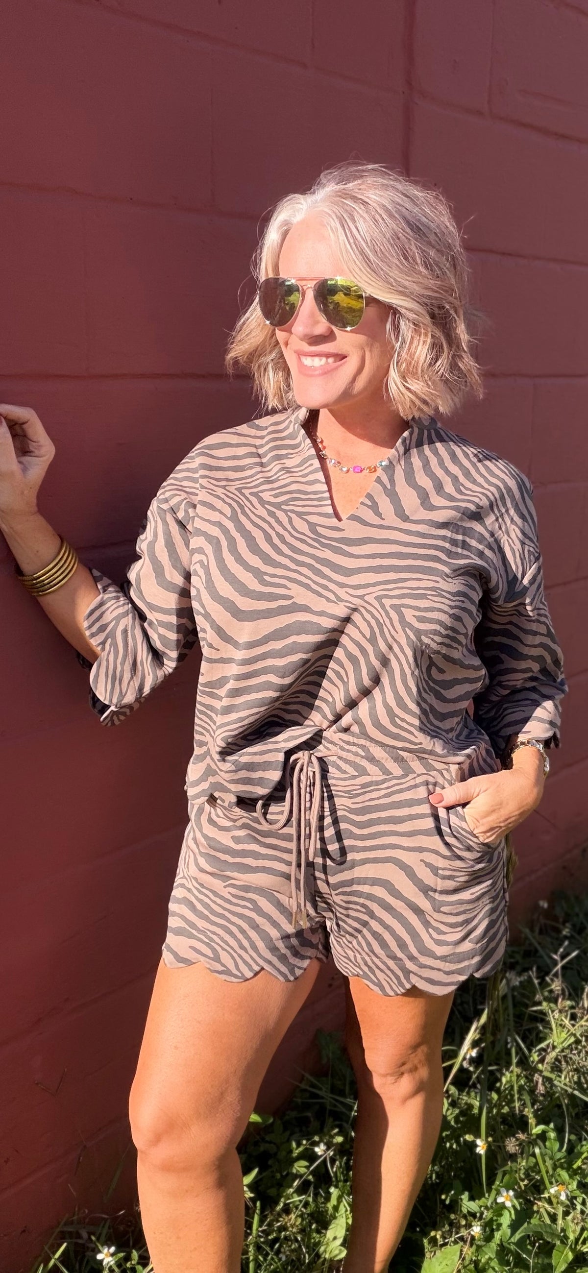 Mocha Zebra Print Scalloped Shorts Set