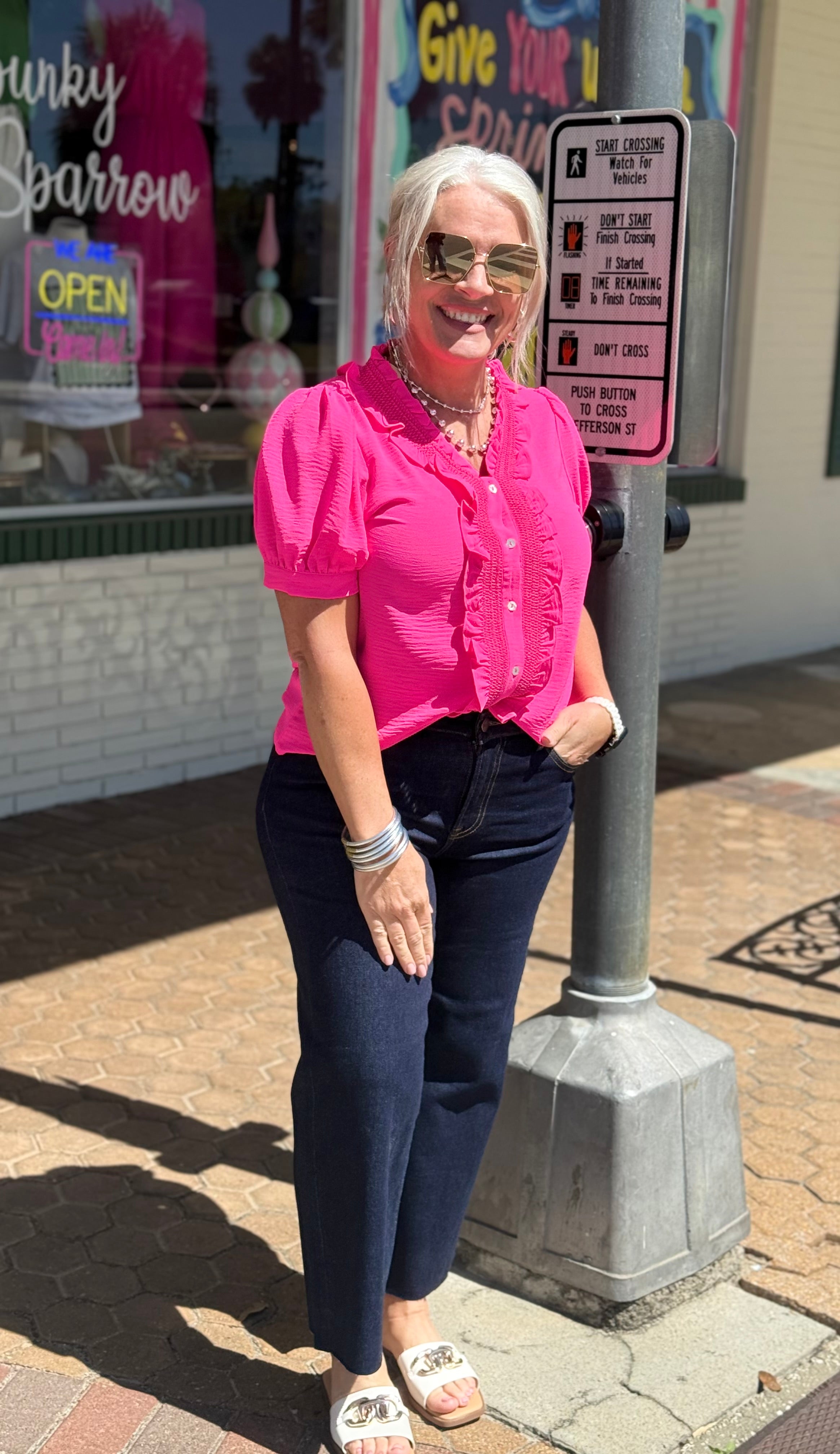 Hot Pink Ruffle Detail Button Down Crinkled Top