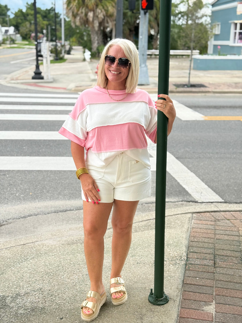 Pink French Terry Color Block Exposed Seam Top