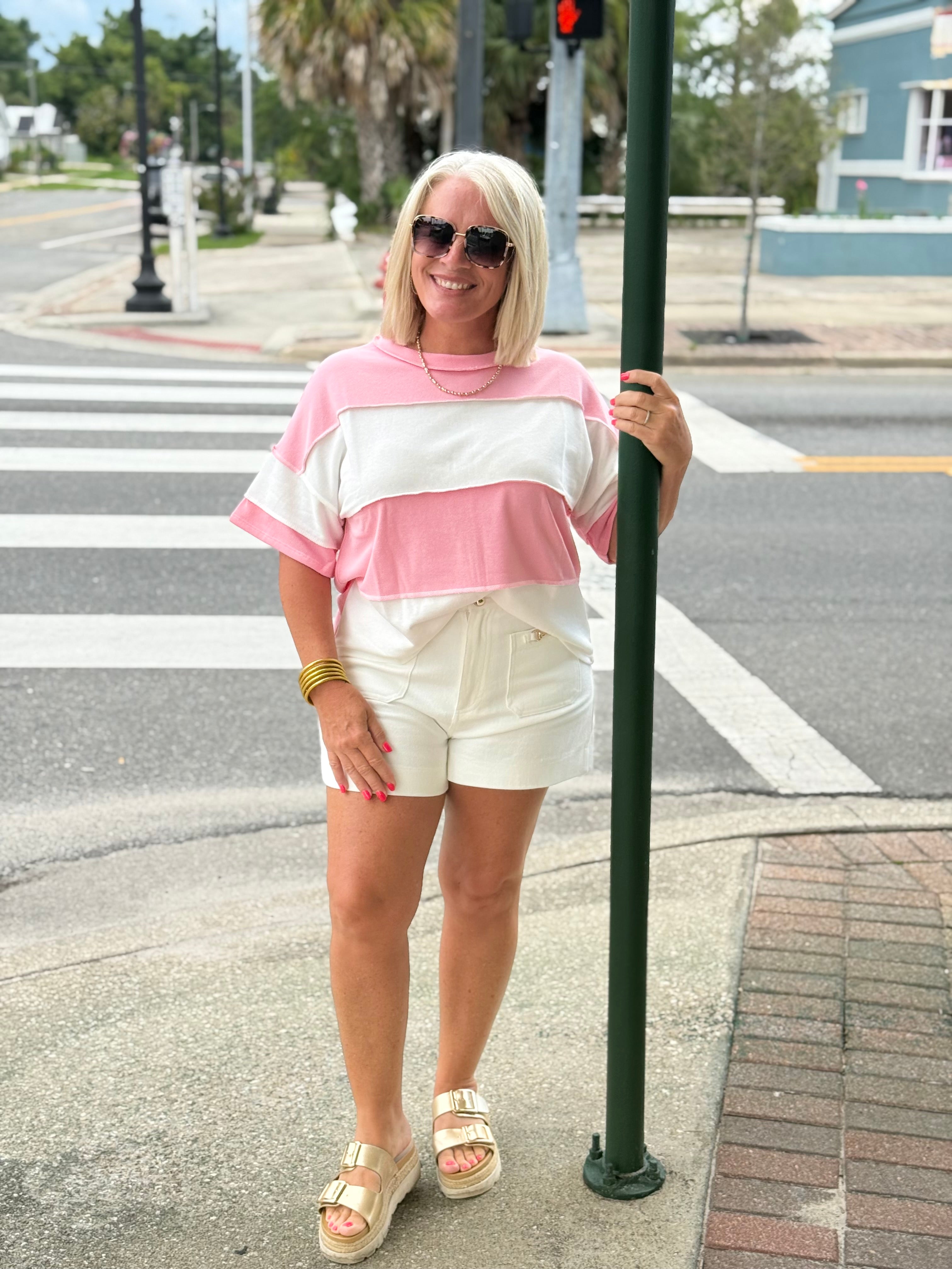 Pink French Terry Color Block Exposed Seam Top
