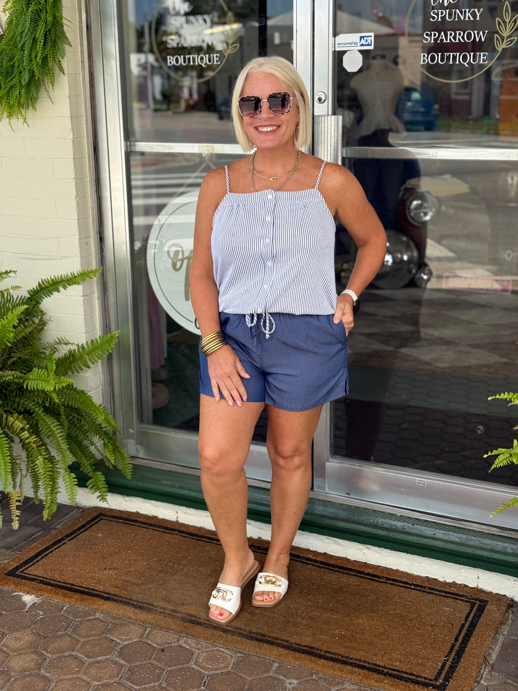 NAVY Striped Coastal Drawstring Button-Up Tank Top