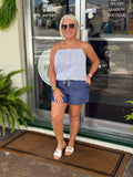 NAVY Striped Coastal Drawstring Button-Up Tank Top