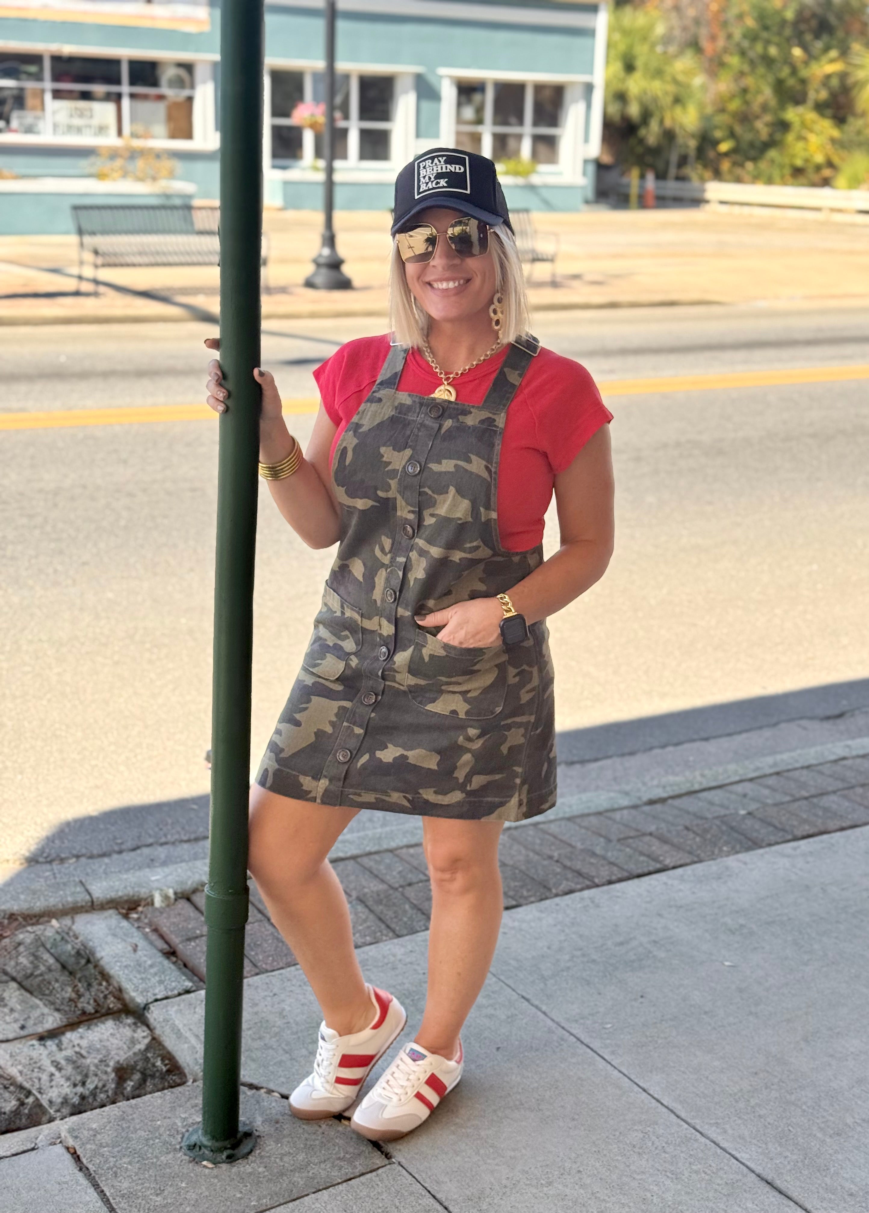 Button-Front Camo Overall Dress